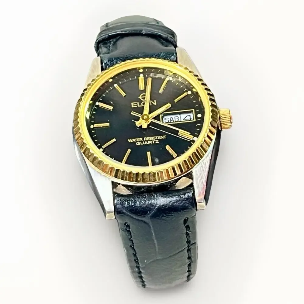 Elgin Quartz Watch Black Dial Day Date Gold Bezel Leather Strap ES173012 Works
